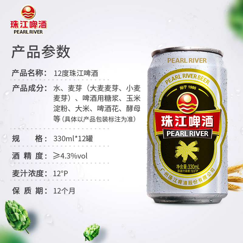 珠江啤酒12度经典老珠江啤酒330mL*12罐整箱批发特价官方旗舰店