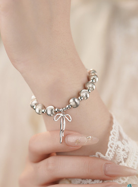 S999足银蝴蝶结猫眼银珠手链女 小众质感简约气质通勤手饰品