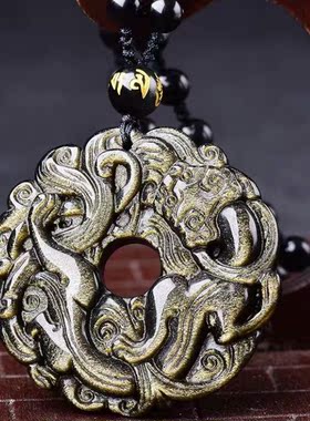 天然黑曜石貔貅平安扣吊坠男女个性项链金曜石情侣挂件百搭毛衣链