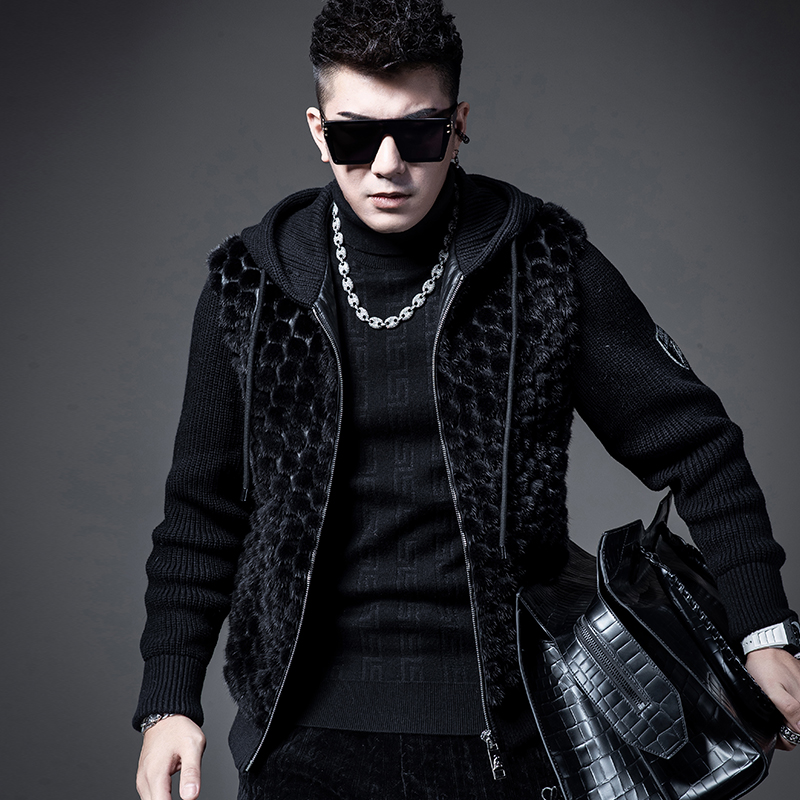 SXF圣希梵2023新款水貂毛皮草男 整貂皮针织袖真貂翻领大衣外套男 - 图3