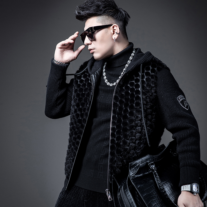 SXF圣希梵2023新款水貂毛皮草男 整貂皮针织袖真貂翻领大衣外套男 - 图1