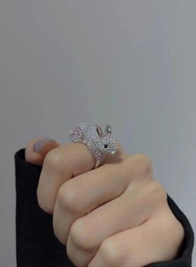 锆石设计感粉红开口戒指指环