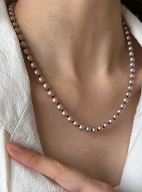 新年红色香槟金细闪珍珠串珠项链