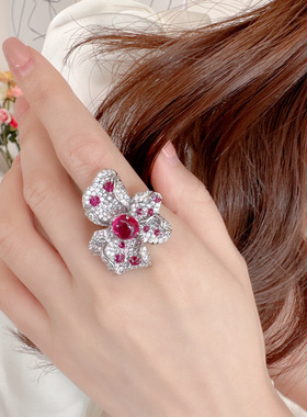 轻奢高级感重工蓝松石花朵戒指女