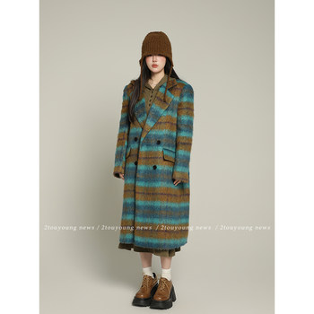 2toyoung striped dance blue plaid woolen coat women's winter's winter's mid-length woolen jacket top woolen top-length