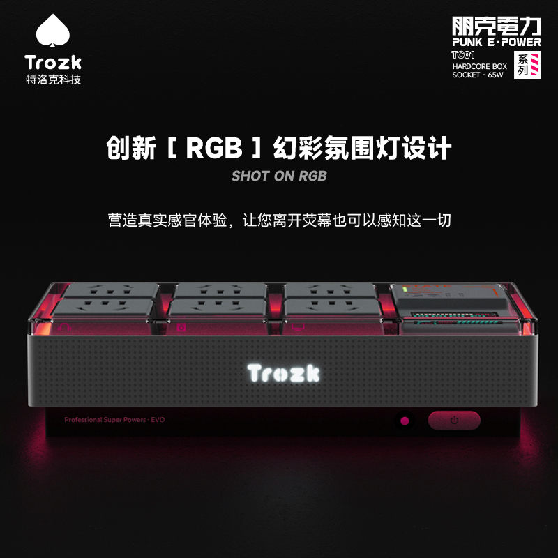 TROZK特洛克65W氮化镓插排桌面多功能电竞USB快充插座RGB插线面板-图0