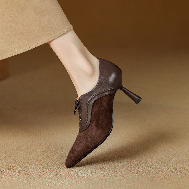 时尚尖头真皮深口单鞋女细跟高跟磨砂皮拼接前拉链百搭通勤鞋显瘦,淘宝优惠券,粉丝福利购,淘宝优惠卷