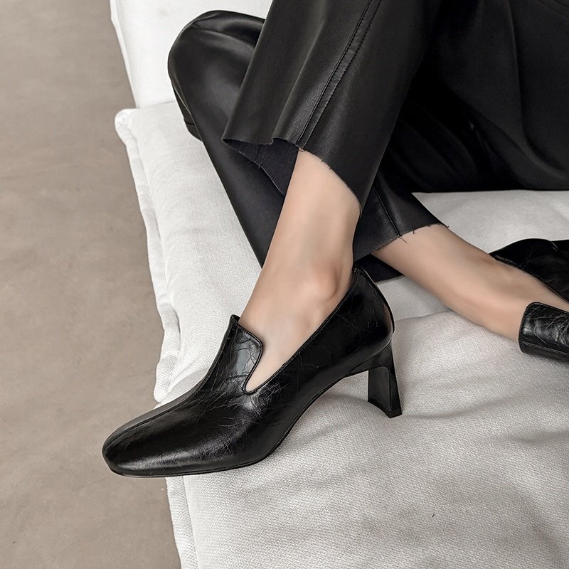 法式方头深口单鞋女粗跟头层牛皮一脚蹬乐福鞋百搭皮鞋高跟米白色,淘宝优惠券,粉丝福利购,淘宝优惠卷