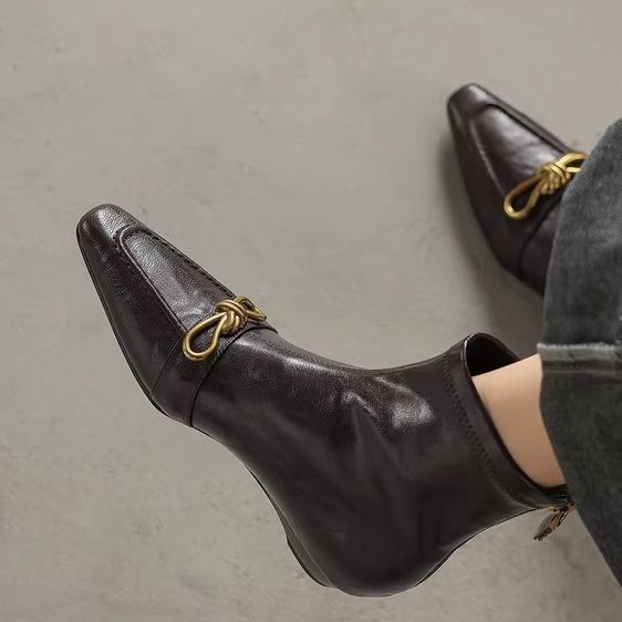 欧美时尚~个性金属扣手工真皮羊皮短靴女单靴低跟平底后拉链方头,淘宝优惠券,粉丝福利购,淘宝优惠卷