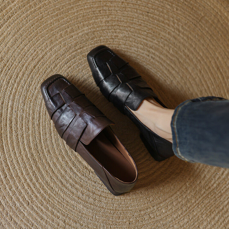 欧美时尚真皮牛皮单鞋女深口方头低跟平底复古舒适低帮鞋百搭手工,淘宝优惠券,粉丝福利购,淘宝优惠卷