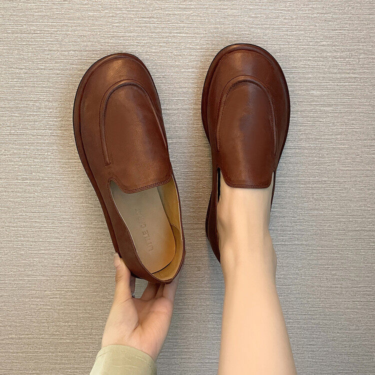 羊皮单鞋女圆头低跟平底女鞋深口女鞋红色2025春季新品真皮纯皮,淘宝优惠券,粉丝福利购,淘宝优惠卷