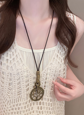 高级感复古做旧树叶吊坠项链女