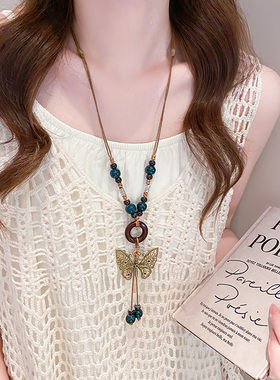 波西米亚风蝴蝶串珠编绳项链女