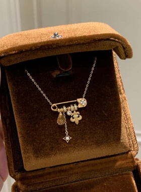 中古拉丝鸢尾花星芒别针锁骨链