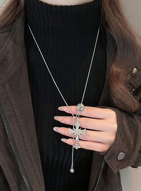 银色中古十字架长款项链女款秋冬