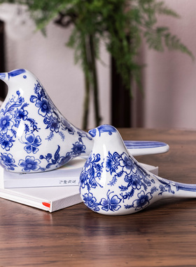 新中式青花瓷长尾鸟陶瓷鸟摆件吉祥鸟客厅书房玄关饰品装饰品摆件