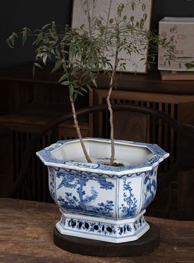 仿古师傅纯手工绘制 景德镇仿古陶瓷花盆青花瓷花盆陶瓷大口花盆