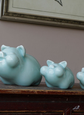 陶瓷手工影青可爱猪家居客厅摆件
