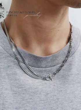 羿采男士925纯银古巴银项链潮简约INS挂饰双层锁骨链素链喜平链女