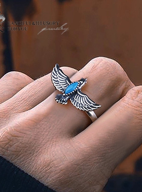 羿采日本设计潮人男生女生925银饰品银戒指印第安鹰手饰品