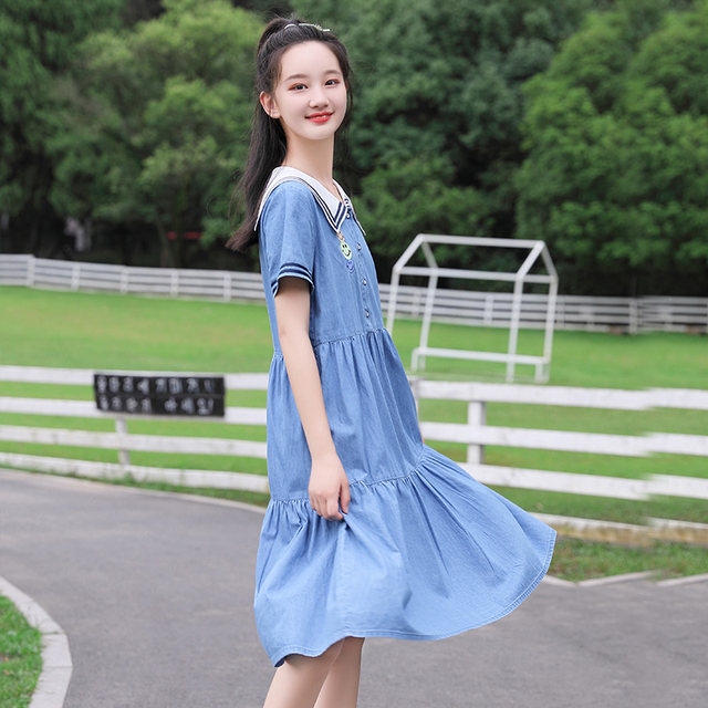 Girls' denim dress, middle school student's summer dress, preppy style