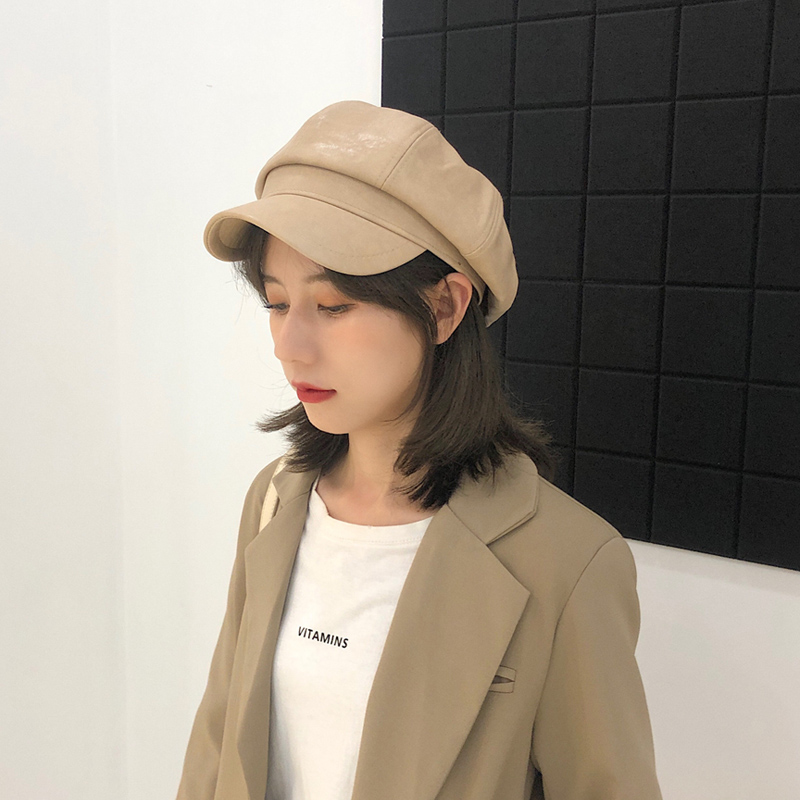 亨特琼斯旗舰店网红pu皮质八角帽女春秋韩版百搭英伦复古贝雷帽休闲学生时尚皮帽1