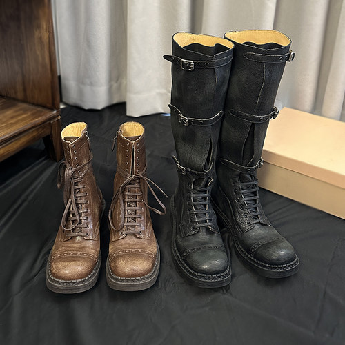 蒿版本！秋冬战损版厚底不过膝长筒靴复古擦色马丁靴搭扣骑士靴女 - 图1