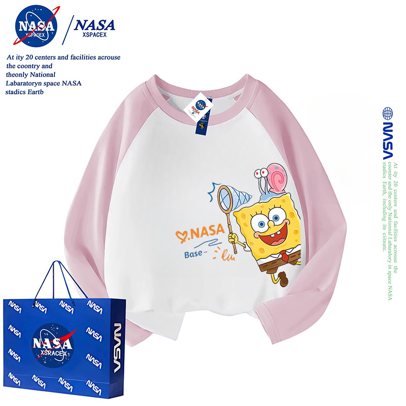 NASA联名海绵宝宝纯棉长袖T恤儿童春秋女童插肩打底衫上衣男童潮 - 图0