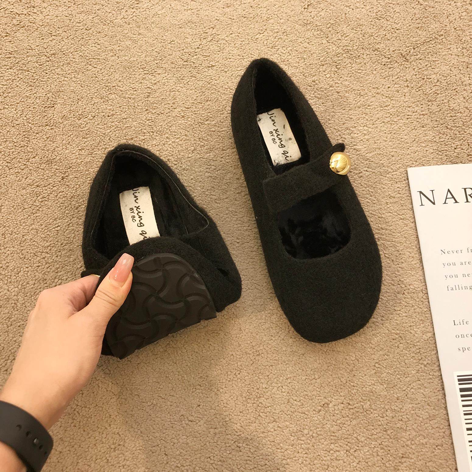 内增高灰色毛呢勃肯鞋毛毛鞋加绒玛丽珍棉鞋女2025新款秋冬豆豆鞋,淘宝优惠券,粉丝福利购,淘宝优惠卷