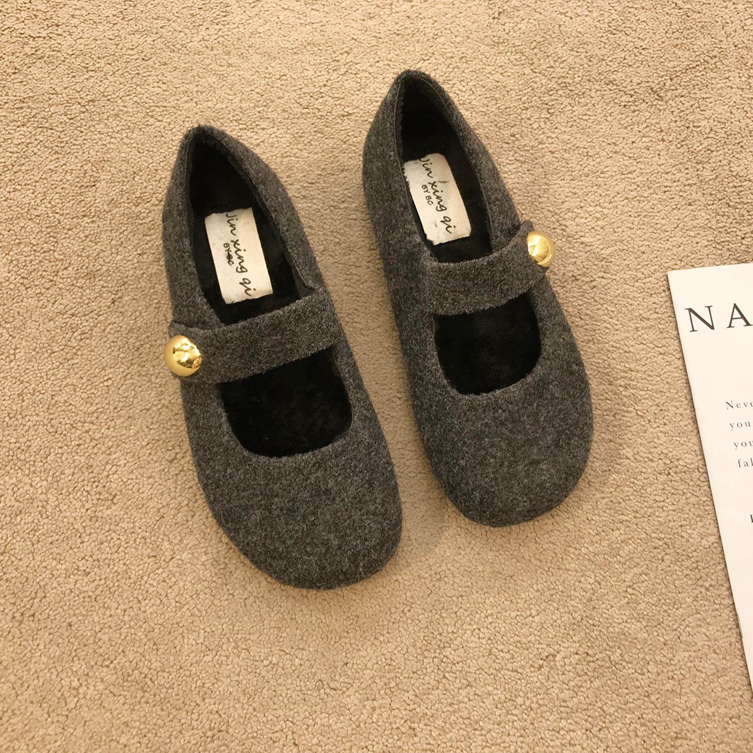 内增高灰色毛呢勃肯鞋毛毛鞋加绒玛丽珍棉鞋女2025新款秋冬豆豆鞋,淘宝优惠券,粉丝福利购,淘宝优惠卷