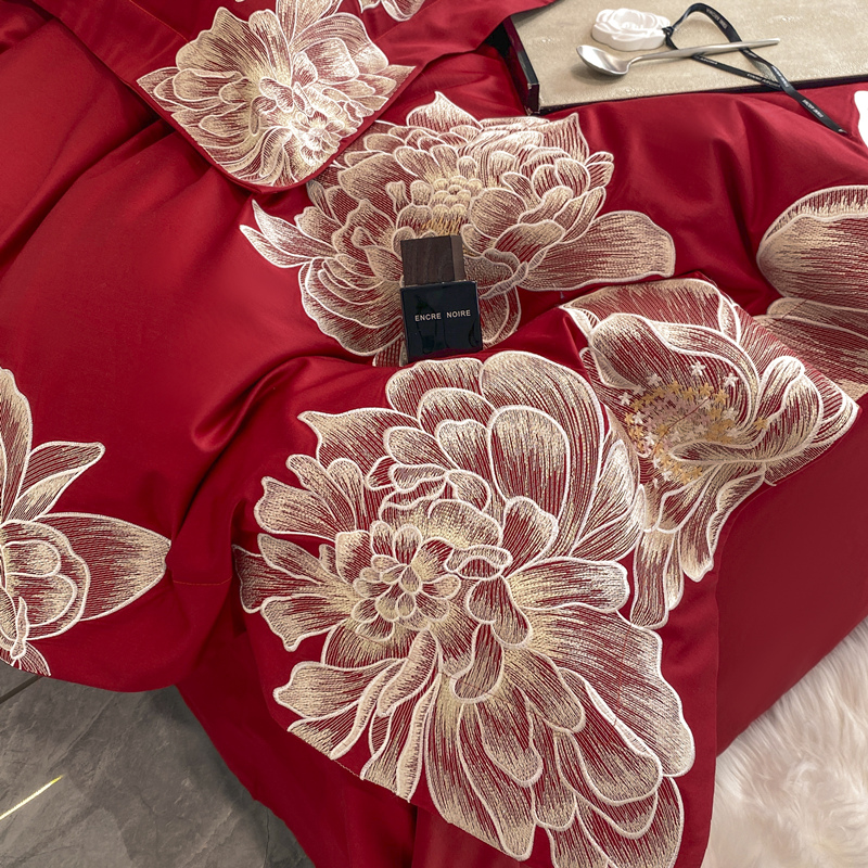 赫本风高支密长绒棉四件套婚庆高端全棉双人被套刺绣纯棉结婚床品 - 图1