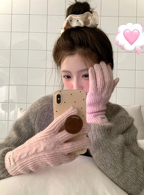 保暖手套女冬季可触屏加厚韩系ins针织户外骑行防寒蓝色分指手套