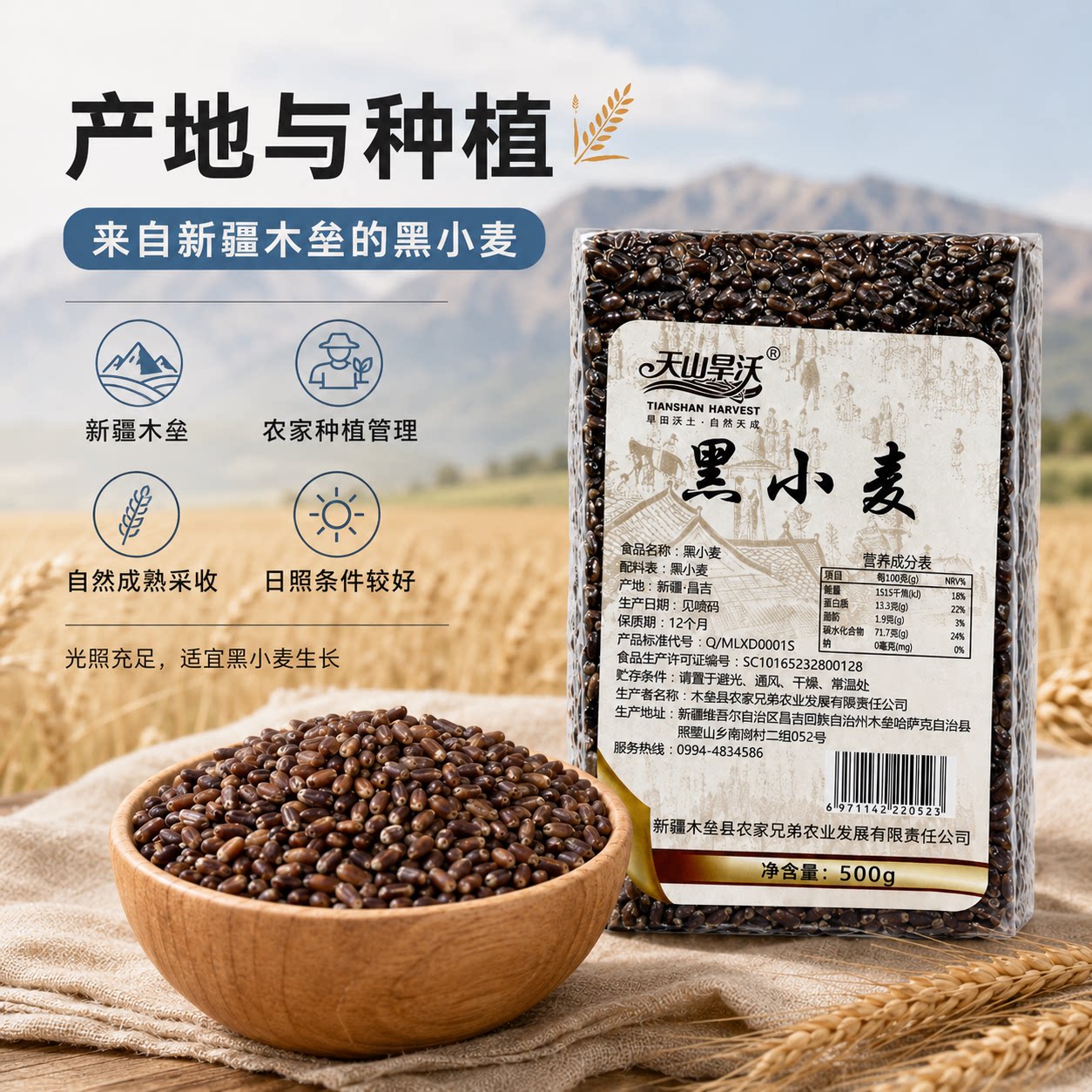 天山旱沃黑小麦仁新疆杂粮农家黑麦粗粮煮粥焖饭当季新粮袋装特产