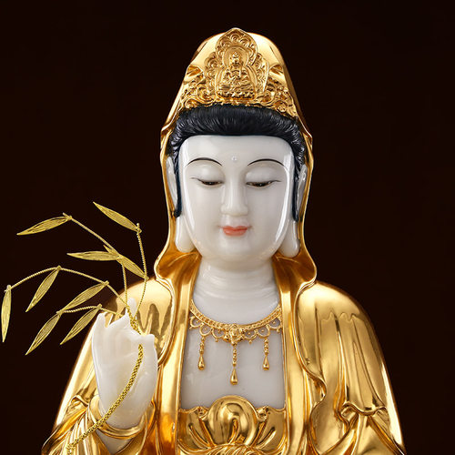 汉白玉金镶玉观音菩萨佛像家用供奉南海坐莲观世音娑婆三圣像摆件 - 图2