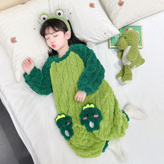 儿童家居服连体衣秋冬双层男女童睡衣冬季婴儿宝宝睡袋加厚珊瑚绒