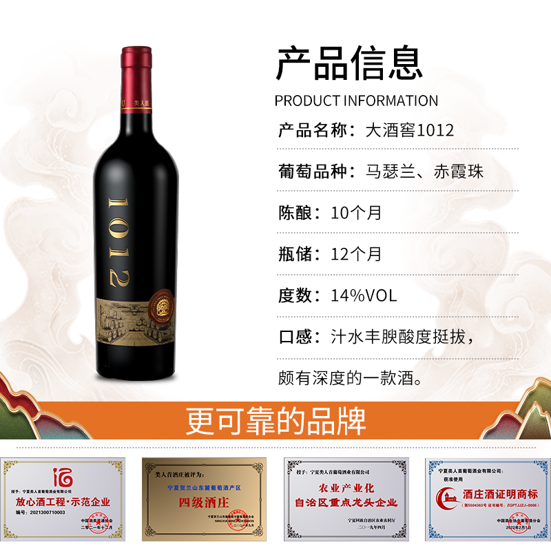 【新品】宁夏红酒类人首大酒窖1012马瑟兰赤霞珠干红葡萄酒整箱装-图0