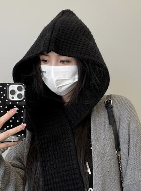 连帽披肩帽子围巾一体两件套纯色