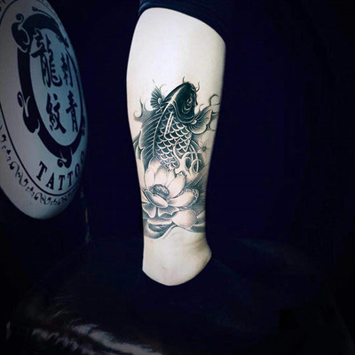 莲花富贵鱼防水纹身贴男女款持久鲤鱼锦鲤手臂仿真花臂包小腿刺青 虎窝淘