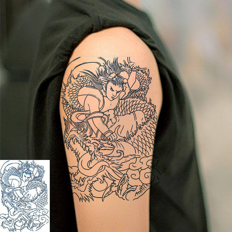 线条图哪咤闹海纹身贴刺青色花臂男女半臂小腿