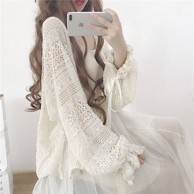 ເສື້ອຢືດແບບໂບຮານ Super fairy shawl ແຂນຍາວ lace cardigan