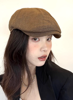 2024春女前进帽复古贝雷帽女亚麻超舒适咖啡色时尚侦探气质鸭舌帽