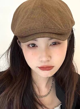 2026春女前进帽复古贝雷帽女亚麻超舒适咖啡色时尚侦探气质鸭舌帽
