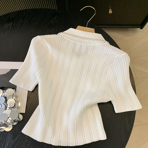Jade Closet直营店推荐~美德拉甜美风翻领钉珠短袖针织娃娃小衫女 - 图3