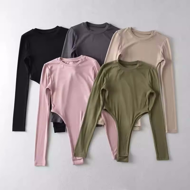 欧美秋季新品圆领高叉露腰连体长袖T恤纯色弹力修身连身连裆上衣 - 图0