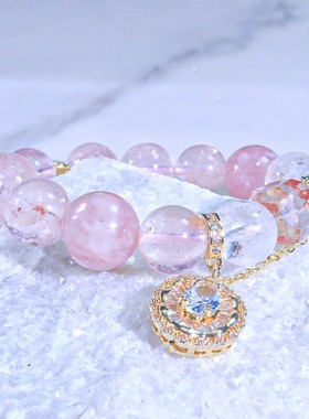 拉克希米天然透体粉胶花水晶手链女款原创设计饰品粉色手串圆珠