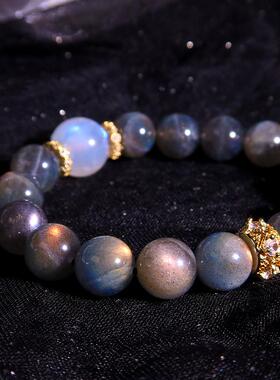 限定天然拉长石水晶手链月亮女神奶油体圆珠手串原创设计女款首饰