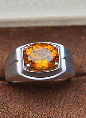 简约喷砂工艺925纯银黄水晶戒指