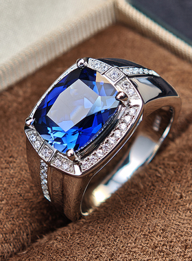 蓝宝石925纯银镀铂金戒指