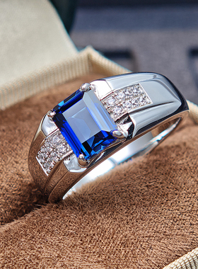 培育宝石蓝宝石蓝刚玉925银戒指