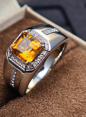 天然黄水晶925纯银镀金戒指